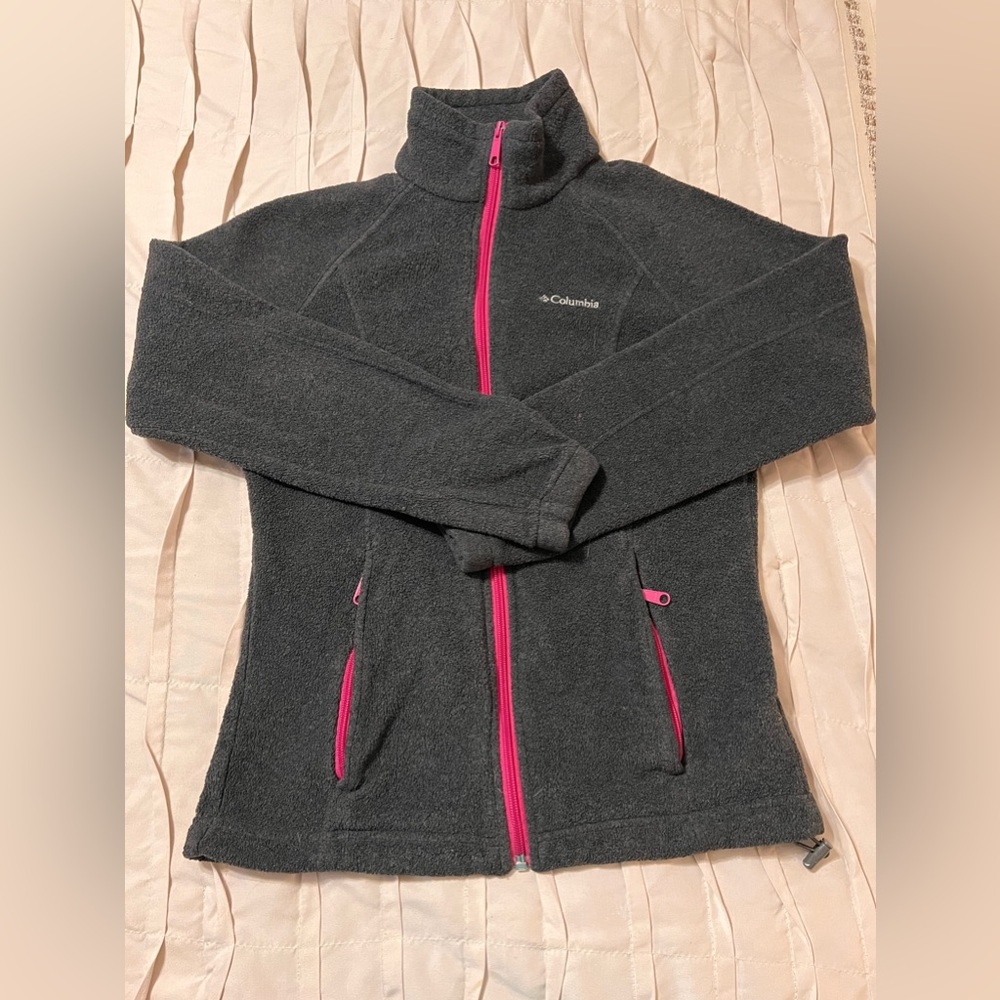 Columbia Fleece Jacket Womens Size Small Gray Hot Pink Zipper Long Sleeve